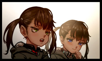 Rule 34 | 2girls, as109, belt collar, bikini, black border, blue eyes, blush, border, brown hair, closed mouth, coat, collar, comiket 95, gradient background, green eyes, hood, hood down, long hair, maid, maid bikini, mole, mole under mouth, multiple girls, open mouth, original, revealing clothes, siblings, smile, swimsuit, teeth, twins, twintails, unconventional maid, upper body