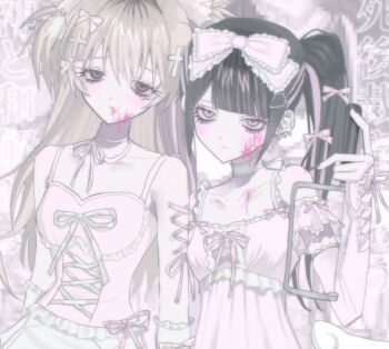 2girls aegyo_sal bare_shoulders black_hair blonde_hair blood blood_on_cheek blood_on_face blunt_bangs blush bow camisole censored choker cleaver closed_mouth clothing_cutout collarbone colored_skin commentary commission cross-laced_armwear cross-laced_clothes cross-laced_dress cross-laced_top cross_hair_ornament dress ear_piercing empty_eyes frilled_arm_warmers frilled_bow frilled_camisole frilled_dress frilled_sleeves frills hair_between_eyes hair_bow hair_ornament holding holding_cleaver long_hair looking_at_viewer meidodown mosaic_censoring multicolored_hair multiple_girls original piercing pink_arm_warmers pink_blood pink_bow pink_camisole pink_dress pink_hair pink_ribbon ribbon ribbon-trimmed_dress ribbon_trim short_sleeves shoulder_cutout skeb_commission streaked_hair twintails two-tone_hair two_side_up upper_body white_arm_warmers white_choker white_ribbon white_skin