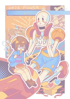 1boy 1other absurdres alternate_costume ball basketball_(object) blue_shorts blush_stickers brown_hair brown_shoes closed_eyes colored_skin eating excited food food_in_mouth fork frisk_(undertale) full_body gloves highres holding holding_fork kiriyume open_mouth outline papyrus_(undertale) pasta plate progress_bar red_gloves red_shoes seiza shirt shoes short_hair shorts signature sitting skeleton smile spaghetti sparkle twitter_username undertale utdr_(toby_fox) white_outline white_shirt white_skin