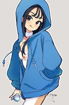 1girl black_hair blue_hoodie choker closed_mouth dive_ball eyelashes grey_background grey_eyes hand_in_pocket happy highres holding holding_poke_ball hood hood_up hoodie leggings lida_(pokemon) long_hair long_sleeves looking_at_viewer meru_merume603 mixed-language_commentary nintendo outline poke_ball pokemon pokemon_legends:_z-a print_shirt shirt signature smile solo split_mouth tongue tongue_out white_choker