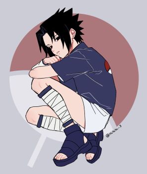 Rule 34 | 1boy, bandaged leg, bandages, black eyes, black hair, blue shirt, collared shirt, commentary request, from side, full body, highres, hotata 3, looking at viewer, male focus, naruto (classic), naruto (series), parted lips, sandals, shirt, short hair, short sleeves, shorts, solo, spiked hair, twitter username, uchiha sasuke, white shorts
