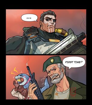 ... 3boys absurdres bald beard beret black_border black_hair blue_eyes blush_stickers border character_request cigarette commentary copyright_request dark-skinned_male dark_skin english_commentary english_text facepaint facial_hair gradient_background green_hat gun hair_slicked_back hat highres holding holding_gun holding_weapon jeff_(marvel) male_focus marvel marvel_rivals mature_male multiple_boys necktie orange_background red_necktie shark shirt short_hair speech_bubble spoken_ellipsis tazahan the_punisher_(character) the_punisher_(series) upper_body weapon white_facepaint white_facial_hair white_shirt