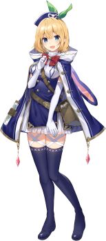 1girl animal_hood bag belt blonde_hair blue_cloak blue_dress blue_eyes blue_footwear blue_hat blue_thighhighs blush bow bowtie breasts brown_bag brown_belt cloak dress elbow_gloves fantasia_re:build full_body gloves green_bow hair_bow hand_up hat highres hood hood_down looking_at_viewer medium_breasts mishima_kurone official_alternate_costume official_art open_mouth potion rabbit_hood red_bow red_bowtie rokudenashi_majutsu_koushi_to_akashic_record rumia_tingel short_hair shoulder_bag simple_background smile solo standing tachi-e thighhighs transparent_background white_gloves