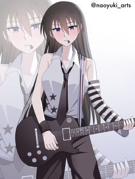 1girl absurdres arm_warmers avril_lavigne avril_lavigne_(cosplay) avril_lavigne_(musician) azumanga_daiou bare_shoulders black_pants blue_eyes blush bracelet breasts collared_shirt commentary complicated_(avril_lavigne) cosplay electric_guitar guitar highres holding holding_guitar holding_instrument instrument jewelry large_breasts long_hair looking_at_viewer mouth_hold naoyuki_arts pants plectrum plectrum_in_mouth sakaki_(azumanga_daioh) shirt simple_background single_arm_warmer star_(symbol) striped_arm_warmers twitter_username white_background white_shirt zoom_layer
