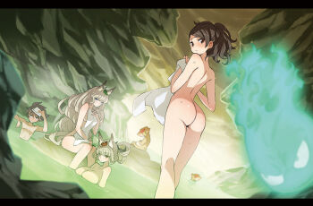 1boy 3girls animal animal_ears arm_rest ass back bad_id bad_pixiv_id bathing black_eyes black_hair blue_eyes blunt_bangs blurry blush breasts brown_eyes brown_hair closed_mouth covering_privates depth_of_field fox_ears frown ghost hair_ornament hand_on_own_chest hand_on_own_head kisuke kongiku large_breasts leaf leaf_on_head letterboxed long_hair looking_at_viewer mixed-sex_bathing momohime monkey multiple_girls nude nude_cover oboro_muramasa onsen outdoors partially_submerged pectorals photoshop_(medium) ponytail revision saitou_masatsugu shared_bathing sideboob silver_hair sitting sky soaking_feet standing steam swept_bangs towel towel_on_head very_long_hair walking water wavy_hair wet yuzuruha