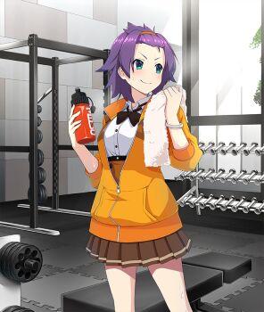 1girl aqua_eyes bangs_pinned_back black_bow black_bowtie bottle bow bowtie bracelet brown_shirt closed_mouth cowboy_shot dot_nose dumbbell game_cg gym hairband hands_up holding holding_bottle holding_towel indoors jacket jewelry maruyama_akane_(toji_no_miko) official_art orange_hairband orange_jacket osafune_girls_academy_school_uniform partially_unzipped purple_hair school_uniform shirt short_hair smile solo sweat third-party_source toji_no_miko toji_no_miko:_kizamishi_issen_no_tomoshibi towel track_jacket v-shaped_eyebrows water_bottle weight_bench weight_rack white_shirt