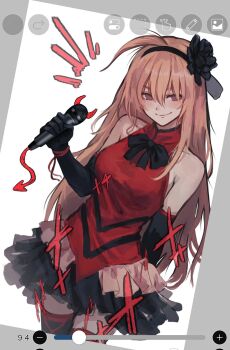 1girl ahoge art_program_in_frame black_gloves black_hairband black_skirt black_souls black_souls_2 cowboy_shot dress elbow_gloves elemi_souls gloves hairband hashtag-only_commentary highres holding holding_microphone ibispaint_(medium) long_hair microphone miniskirt pink_eyes pink_hair prickett_(black_souls) red_dress simple_background skirt sleeveless sleeveless_dress smile solo thighhighs white_background zettai_ryouiki