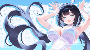 1girl absurdres arm_strap armpits arms_up bare_shoulders black_hair blue_eyes breasts cleavage covered_navel detached_collar djmax djmax_respect floating_hair highleg highleg_leotard highres kuma_mudi large_breasts lena_(djmax) leotard long_hair looking_at_viewer low_twintails open_mouth playboy_bunny rabbit_pose smile solo strapless strapless_leotard twintails very_long_hair white_leotard wrist_cuffs