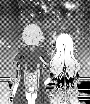 1boy 1girl black_jacket black_ribbon caelus_(honkai:_star_rail) commentary dress english_commentary firefly_(honkai:_star_rail) from_behind gekidankokyou grey_dress grey_hair greyscale hair_ornament hair_ribbon honkai:_star_rail honkai_(series) jacket long_hair monochrome ribbon short_hair sky star_(sky) star_(symbol) starry_sky trailblazer_(honkai:_star_rail)