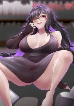 1girl bare_shoulders barefoot black_dress blush breasts colored_inner_hair dress glasses goddess_of_victory:_nikke highres label_(nikke) large_breasts long_hair looking_at_viewer multicolored_hair no_bra open_mouth purple_eyes rinku_bny shiny_skin solo two-tone_hair