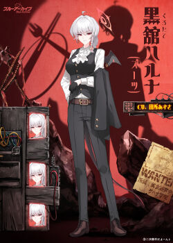 1girl absurdres belt black_gloves black_pants blue_archive blush braid breasts brown_belt commentary_request demon_wings full_body gloves grey_hair halo haruna_(blue_archive) highres large_breasts long_hair looking_at_viewer pants piercing red_eyes red_halo shirt shoes single_wing smile solo standing sunnysideup tail white_shirt wing_piercing wings