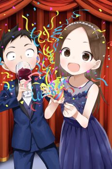 Rule 34 | 1boy, 1girl, :d, absurdres, bare arms, bare shoulders, black hair, blue dress, blue flower, blue jacket, blue pants, blue rose, brown eyes, brown hair, commentary request, cup, curtains, dress, drinking glass, flower, forehead, formal clothes, highres, holding, holding cup, jacket, karakai jouzu no takagi-san, long hair, nishikata, official art, open mouth, pants, parted bangs, party popper, purple vest, rose, shirt, sleeveless, sleeveless dress, smile, stage curtains, streamers, suit, takagi-san, very long hair, vest, waistcoat, white shirt, wine glass, yamamoto souichirou