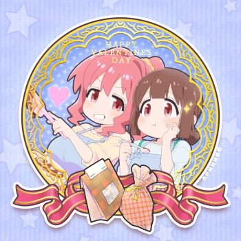 Rule 34 | 2girls, :t, absurdres, apron, blunt bangs, brown hair, chocolate, commentary request, double-parted bangs, eating, grin, hair between eyes, hair intakes, hand on own cheek, hand on own face, happy valentine, heart, highres, hozuki kaede, hozuki momiji, long hair, matado (almukha), multiple girls, onii-chan wa oshimai!, ponytail, red eyes, red hair, short hair, short ponytail, siblings, sisters, smile, spatula, spoon, valentine