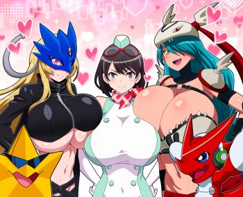 3girls :d absurdres alternate_breast_size_(larger) aqua_hair arms_up bare_shoulders beelstarmon belt bikini black_belt black_coat black_hair black_pants black_vest blonde_hair blue_mask braid breasts cape cleavage closed_mouth coat commentary_request covered_navel cowboy_shot cropped_vest digimon digimon_(creature) digimon_story:_time_stranger digimon_xros_wars dress elbow_gloves eye_mask garrison_cap gloves goggles goggles_on_head green_dress green_hat groin group_picture hair_between_eyes hair_over_one_eye hand_on_own_hip hands_on_own_hips hat heart helmet highres hitokiwa_kenchin huge_breasts leather leather_pants long_hair looking_at_viewer mask mervamon microdress multiple_girls navel o-ring o-ring_top open_clothes open_coat open_mouth pants purple_eyes red_cape red_ribbon red_scarf ribbon scarf short_hair shoulder_pads shoulder_spikes shoutmon sidelocks sleeveless sleeveless_dress smile spikes standing starmon_(digimon_xros_wars) stomach sunglasses swimsuit teeth third_eye tight_clothes tight_pants twin_braids two-tone_dress underboob upper_teeth_only vest waist_cape white_bikini white_dress white_gloves winged_helmet yellow_eyes yuuki_kanan zipper
