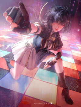 Rule 34 | 1girl, absurdres, artist name, black gloves, black hair, black jacket, breasts, closed mouth, commentary, dance floor, dashie the low-poly bunny, dress, english commentary, female rover (perpetual spark) (wuthering waves), female rover (wuthering waves), fingerless gloves, gloves, hair ornament, highres, jacket, long hair, looking at viewer, medium breasts, official alternate costume, on one knee, pointing, pointing forward, rover (wuthering waves), solo, ui uiiiiiiiii, white dress, wuthering waves, yellow eyes