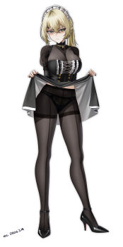 Rule 34 | 1girl, absurdres, alter kamerade, black dress, black nails, black panties, blonde hair, breasts, buttons, clothes lift, commentary request, cross-laced clothes, cross-laced dress, double-breasted, dress, dress lift, embarrassed, full body, girls' frontline, girls' frontline 2: exilium, green eyes, hair ornament, hairclip, hands up, high heels, highres, large breasts, legs, legs apart, lifting own clothes, long sleeves, looking at viewer, maid headdress, medium breasts, medium hair, nail polish, navel, navel peek, nervous, panties, panties under pantyhose, pantyhose, ponytail, presenting, sextans (girls' frontline 2), shaded face, solo, standing, thighs, underwear