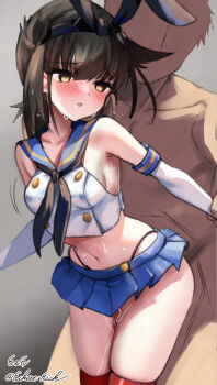 1boy 1girl blush breasts brown_hair cosplay cowboy_shot crop_top eckert&amp;eich elbow_gloves faceless faceless_male g-string gloves hatsuzuki_(kancolle) highres implied_sex kantai_collection medium_breasts medium_hair miniskirt navel shimakaze_(kancolle) shimakaze_(kancolle)_(cosplay) sideboob signature skindentation skirt solo_focus striped_clothes striped_thighhighs sweat thighhighs thong yellow_eyes