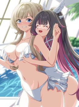 2girls ^_^ absurdres alternate_costume artist_name bare_shoulders bikini black_hair blue_eyes blush breasts brown_hair cleavage clenched_teeth closed_eyes collarbone columbina_(genshin_impact) commentary_request fingernails fuyunash1 genshin_impact grabbing_another&#039;s_breast grabbing_from_behind groping highres indoors long_hair medium_breasts multicolored_hair multiple_girls navel one-piece_swimsuit open_mouth purple_hair sandrone_(genshin_impact) side-tie_bikini_bottom stomach swimsuit teeth very_long_hair white_bikini white_one-piece_swimsuit yuri