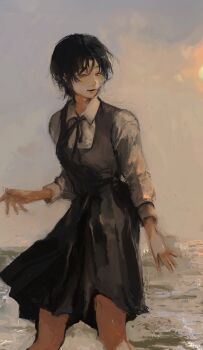 Rule 34 | 1girl, absurdres, ane (yakamashi0), beach, black hair, black ribbon, cloud, collared shirt, eri (sayonara eri), highres, horizon, long sleeves, neck ribbon, ocean, open mouth, outdoors, ribbon, sayonara eri, school uniform, shirt, short hair, skirt, smile, solo, standing, water, white shirt