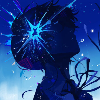 1boy air_bubble avenoirn blue_theme bubble bullet_hole commentary double_exposure hair_over_one_eye head_back highres light_particles male_focus persona persona_3 ribbon shirt short_hair solo yuuki_makoto_(persona_3)