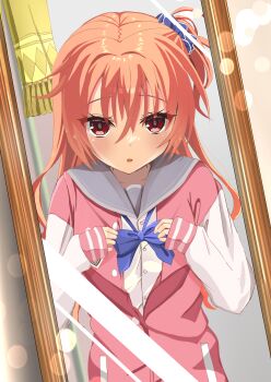 Rule 34 | 1089oden, 1girl, absurdres, adjusting bowtie, blue bow, blue bowtie, blue scrunchie, blush, bow, bowtie, commentary request, crossed arms, eyelashes, eyes visible through hair, fringe trim, full-length mirror, grey sailor collar, hair between eyes, hair ornament, hair scrunchie, hands up, highres, inaba meguru, indoors, jacket, letterman jacket, long hair, looking at mirror, looking at viewer, mirror, one side up, open mouth, orange hair, pink jacket, red eyes, sailor collar, sanoba witch, scarf, school uniform, scrunchie, serafuku, shirt, sleeves past wrists, smile, solo, tsurime, unworn scarf, upper body, upturned eyes, white shirt, white sleeves, yellow scarf