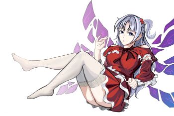 1girl absurdres blue_eyes bow breasts capelet detached_sleeves dress dxt hair_bobbles hair_ornament highres long_hair multiple_wings one_side_up red_dress ribbon shinki_(touhou) smile socks solo touhou touhou_(pc-98) white_hair white_socks wings