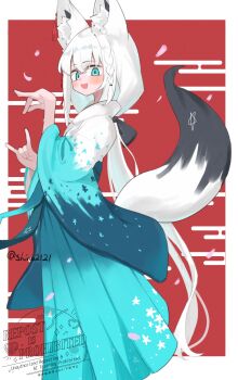 1girl :d animal_ears aqua_eyes bracelet braid commentary double_fox_shadow_puppet floral_print fox_ears fox_girl fox_shadow_puppet fox_tail hair_ornament highres hololive jewelry long_hair looking_at_viewer official_alternate_costume open_mouth pentagram shino2121 shirakami_fubuki shirakami_fubuki_(new_year) smile tail virtual_youtuber