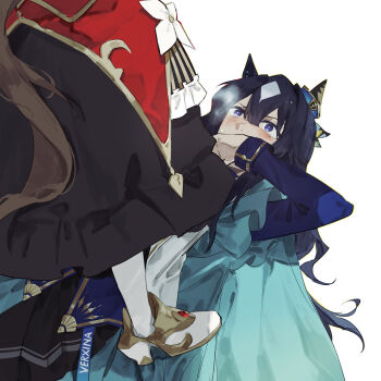 2girls absurdres animal_ears black_dress blue_dress blue_eyes blue_hair blush boots dress ear_covers ear_ornament gentildonna_(regina_dei_fiori)_(umamusume) gentildonna_(umamusume) highres horse_ears horse_girl horse_tail long_sleeves lying multicolored_hair multiple_girls on_back red_dress single_ear_cover stepped_on tail two-tone_hair umamusume verxina_(le_beau_sommet)_(umamusume) verxina_(umamusume) white_background white_boots white_hair zy_(zyyyyyyy9)