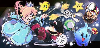 1girl 2boys :d :o abitofepicness black_hat black_overalls blonde_hair blue_dress blue_eyes blue_shoes brooch brown_hair captain_toad closed_mouth commentary dress earrings english_commentary eyelashes facial_hair flying_mario full_body gloves hair_over_one_eye hat highres holding holding_wand jewelry long_hair long_sleeves looking_at_viewer luma_(mario) lumalee mario mario_(series) multiple_boys mustache nintendo off-shoulder_dress off_shoulder open_mouth overalls rabbit red_shirt red_shoes rosalina shirt shoes short_hair smile star_(symbol) star_brooch star_bunny star_earrings super_mario_galaxy super_star_(mario) w wand white_gloves