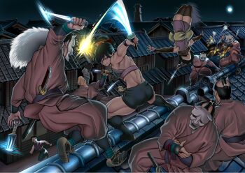 3girls 6+boys action ankle_wrap architecture arm_guards armpits ass battle black_hair black_shorts black_socks bodystocking broken broken_mask broken_weapon building city crop_top cuts detached_sleeves dual_wielding east_asian_architecture facing_away falling flat_chest frown full_moon fur hair_ornament hair_over_one_eye halterneck hannya holding holding_sword holding_weapon house ichiren_takushou injury japanese_clothes jumping kimono kneehighs kunai looking_at_another looking_away looking_to_the_side looking_up mask midriff moon motion_lines multiple_boys multiple_girls muscular muscular_female night night_sky ninja noh_mask obi on_one_knee on_roof one_eye_covered oni_mask original outdoors outstretched_arm pants pelt ponytail purple_kimono red_eyes reverse_grip road rooftop running sandals sash scarf sheath sheathed short_hair short_kimono shorts shuriken sidelocks sky slashing sleeveless socks squatting sword tabi thighhighs throwing topknot towel unsheathed unworn_mask upside-down waraji weapon wooden_house wrist_wrap wristband zantetsu_(gesogeso) zettai_ryouiki