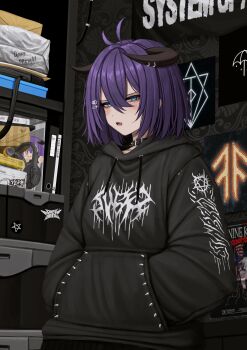 Rule 34 | 1girl, absurdres, babymetal, black hoodie, bring me the horizon, choker, cool s, copyright request, english text, goth fashion, headphones, highres, hood, hoodie, horns, ice nine kills, lobsteranian, logo request, looking at viewer, movie poster (medium), original, pentagram, purple hair, solo, system of a down, unworn headphones