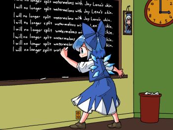 1girl arms_up bart_simpson blue_bow blue_dress blue_eyes blue_hair bow chalkboard cirno commentary dress electrical_outlet english_text full_body hair_bow ice ice_wings kamishirasawa_keine kasuya_baian legs_apart parody profile short_hair short_sleeves solo standing the_simpsons touhou wings