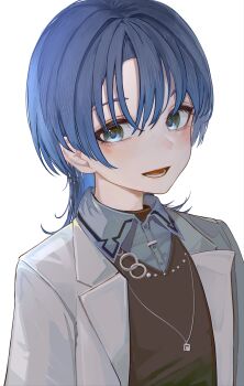 Rule 34 | 1girl, absurdres, asaikeu, black sweater, blue hair, blue shirt, collared shirt, grey eyes, grey jacket, highres, hiodoshi ao, hiodoshi ao (1st costume), hololive, hololive dev is, jacket, jewelry, lower teeth only, medium hair, necklace, open mouth, shirt, simple background, solo, suit jacket, sweater, teeth, v-neck, virtual youtuber, white background, wolf cut