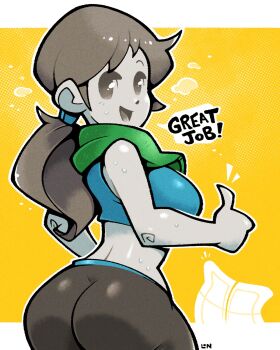 1girl 2023 ass blue_tank_top breasts brown_hair capri_pants crop_top english_text grey_eyes highres legendofnerd looking_at_viewer looking_back nintendo open_mouth pants ponytail solo speech_bubble sweat tank_top thumbs_up towel towel_around_neck wii_balance_board wii_fit wii_fit_trainer wii_fit_trainer_(female) yoga_pants
