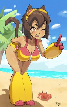 1girl alternate_costume animal_ears artist_name beach bent_over bikini boots breasts brown_hair cat_ears cat_girl cat_tail cleavage collarbone commentary crab curvy dark-skinned_female dark_skin fang furry furry_female gameoverse gauntlets goggles goggles_on_head groin highleg highleg_bikini highres index_finger_raised kanashikeki kit_bodega large_breasts looking_at_viewer multicolored_bikini ocean official_alternate_costume one_eye_closed palm_tree red_bikini red_eyes short_hair sky swimsuit tail thick_thighs thighs tree two-tone_bikini whiskers wide_hips yellow_bikini yellow_boots yellow_gauntlets
