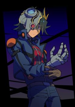 1boy absurdres black_border black_hair black_shirt blonde_hair blue_jacket border cowboy_shot facial_mark highres jacket male_focus mechanical_arms multicolored_hair purple_eyes shirt single_mechanical_arm solo two-tone_hair youko-shima yu-gi-oh! yu-gi-oh!_5d&#039;s z-one