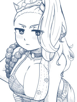 1girl breasts cleavage closed_mouth edgar0ekaki greyscale grimms_notes large_breasts long_hair looking_at_viewer monochrome sanzang_fashi_(shinsei)_(grimms_notes) solo v-shaped_eyebrows