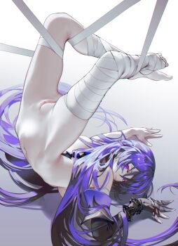 1girl acheron_(honkai:_star_rail) bandaged_leg bandages barefoot censored chain commentary_request detached_sleeves gloves gradient_background grey_background hair_spread_out highres honkai:_star_rail honkai_(series) iumu long_hair looking_at_viewer mechanical_spine mosaic_censoring navel nude partially_fingerless_gloves purple_eyes purple_hair pussy sidelocks single_detached_sleeve suspension thighs very_long_hair