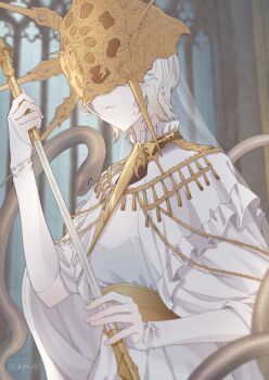 1boy animal closed_mouth dark_souls_(series) dark_souls_i dark_sun_gwyndolin detached_sleeves dress from_side gold_headwear grey_hair highres holding holding_staff long_sleeves male_focus short_hair snake solo spiked_helmet staff susukeya veil white_dress