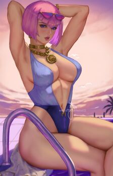 1girl armpits arms_behind_head blue_eyes blue_one-piece_swimsuit breasts chain cleavage commentary crossed_legs earrings eyewear_on_head gold_chain gold_choker highres jewelry large_breasts manon_legrand medallion navel one-piece_swimsuit palm_tree patreon_username pink-tinted_eyewear pink_hair plunging_neckline poolside sideboob sign solo street_fighter street_fighter_6 sunglasses swimsuit tinted_eyewear tree v-bangs wei_(promise_0820)
