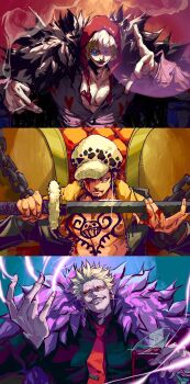 3boys black_cape black_hair black_shirt blonde_hair blood blood_on_chest blood_on_face brothers cape chest_tattoo cigarette clenched_teeth commentary_request cup donquixote_doflamingo donquixote_rocinante earrings feather_cape glint hat heart heart_print highres holding holding_cigarette holding_cup holding_sword holding_weapon hood jewelry looking_at_viewer looking_to_the_side makeup male_focus multiple_boys necktie one_piece pink_cape red_necktie shirt short_hair siblings smile smoke string sunglasses sword tattoo teeth trafalgar_law upper_body weapon yellow_eyes yuan_jessie0430