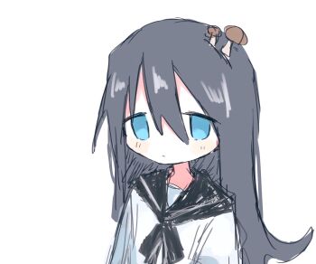 1girl black_hair blue_eyes commentary_request expressionless highres huteki_(huteki_sayu27) jitome long_hair mushroom_on_head neck_ribbon ribbon school_uniform serafuku shimeji_simulation solo tsukishima_shijima