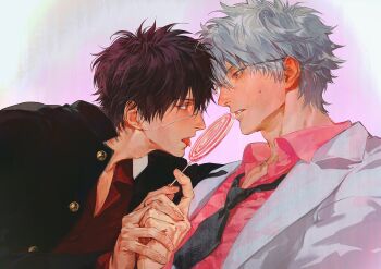 2boys black_hair black_jacket black_necktie blush candy chimmyming collared_shirt eye_contact eyepatch food formal_clothes gintama glasses grey_hair highres holding holding_candy holding_food holding_hands holding_lollipop jacket licking lollipop long_sleeves looking_at_another male_focus multiple_boys necktie parted_lips pink_shirt red_eyes red_shirt sakata_gintoki school_uniform shirt short_hair suit sweatdrop swirl_lollipop takasugi_shinsuke teacher_and_student tongue tongue_out upper_body yaoi
