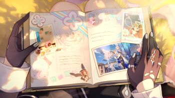 1other 2girls absurdres bad_link black_gloves black_jacket book bronya_rand diary evernight_(honkai:_star_rail) female_pov flower game_cg gloves grey_nails highres holding holding_book honkai:_star_rail honkai_(series) jacket jewelry long_hair long_sleeves march_7th_(honkai:_star_rail) march_7th_(preservation)_(honkai:_star_rail) multiple_girls multiple_rings nail_polish official_art open_book photo_(object) pink_hair pom-pom_(honkai:_star_rail) pov ring sitting sticker torn_clothes torn_gloves wariza white_flower