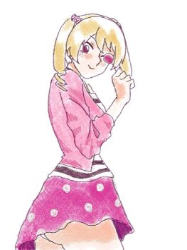 1girl animal_hair_ornament ass blonde_hair blush candy digimon digimon_xros_wars digimon_xros_wars:_toki_wo_kakeru_shounen_hunter-tachi food from_behind hair_bobbles hair_ornament holding holding_candy holding_food holding_lollipop jacket lollipop long_hair long_sleeves looking_at_viewer looking_back one_eye_closed open_clothes open_jacket panties pig_hair_ornament pink_eyes pink_jacket pink_skirt polka_dot polka_dot_skirt shiotani_40 shirt skirt smile striped_clothes striped_shirt suzaki_airu twintails underwear white_background white_panties white_shirt wink