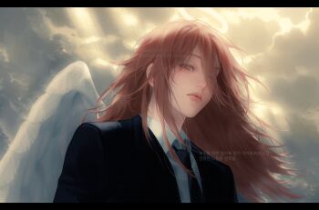 1boy angel_devil_(chainsaw_man) angel_wings black_jacket black_necktie bluesky_username chainsaw_man cloud cloudy_sky collared_shirt commentary english_commentary glowing glowing_halo hair_between_eyes halo highres jacket korean_text letterboxed lips long_hair looking_at_viewer male_focus necktie seagnalis shirt sky solo suit_jacket traditional_halo translation_request twitter_username white_shirt white_wings wings