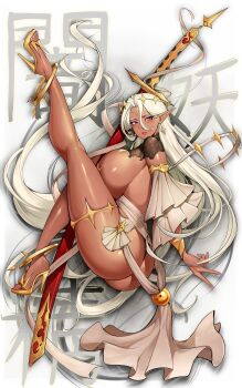 1girl absurdres black_panties blush bracelet breasts commentary_request curvy dark_elf elf full_body gurimjang high_heels highres holding holding_sword holding_weapon huge_breasts jewelry katana large_breasts long_hair looking_at_viewer original panties pasties plump pointy_ears purple_eyes revealing_clothes sideboob simple_background smile solo star_(symbol) star_pasties sword thighlet thong underwear very_long_hair weapon white_background white_hair