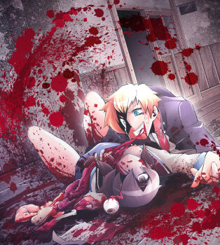 1boy 1girl bad_end blonde_hair blood blood_on_face blood_on_clothes blue_eyes breasts brown_eyes brown_hair cannibalism corpse corpse_party crazy crazy_eyes crazy_smile death eating eyeball fang grin guro hair_over_one_eye holding_hands hetero intestines kishinuma_yoshiki nipples note organs ribs rokuhara school_uniform shinozaki_ayumi short_hair short_twintails slit_pupils small_breasts smile spoilers sweatdrop tears twintails