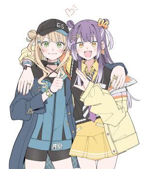 2girls arm_on_another&#039;s_shoulder bike_shorts blonde_hair choker double_bun fangs gradient_hair green_eyes hair_bun hat heart_hands_failure highres jacket kaburaki_roco kaburaki_roco_(1st_costume) kinniku_cutie long_hair multicolored_hair multiple_girls necktie nijisanji open_clothes open_jacket open_mouth purple_hair thumbs_up ufo_hair_ornament umise_yotsuha virtual_youtuber yellow_eyes yellow_jacket