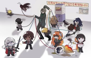 animalization artist_request baseball_bat black_hair black_pants blanket blonde_hair brown_eyes brown_hair bug chest_harness cigarette closed_eyes cockroach dark_skin don_quixote_(project_moon) faust_(project_moon) fire formal_clothes gashapon green_eyes green_shirt gregor_(project_moon) hairband harness heathcliff_(project_moon) holding holding_polearm holding_weapon hong_lu_(project_moon) insect insect_wings ishmael_(project_moon) korean_text lance limbus_company meme meursault_(project_moon) motion_blur motion_lines multiple_boys multiple_girls necktie outis_(project_moon) pants polearm project_moon red_eyes ribbon rodion_(project_moon) rough_day_for_mom_(meme) ryoshu_(project_moon) shirt sinclair_(project_moon) sleeping smoke suit sweater third-party_source turtleneck turtleneck_sweater vergilius_(project_moon) vest weapon white_hair white_shirt wings yi_sang_(project_moon)